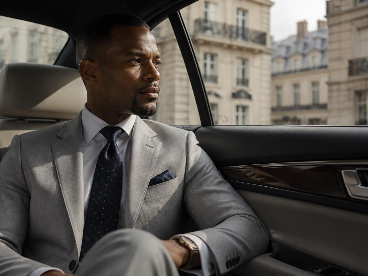 Investisseur international élégant à l'arrière d'une voiture de prestige