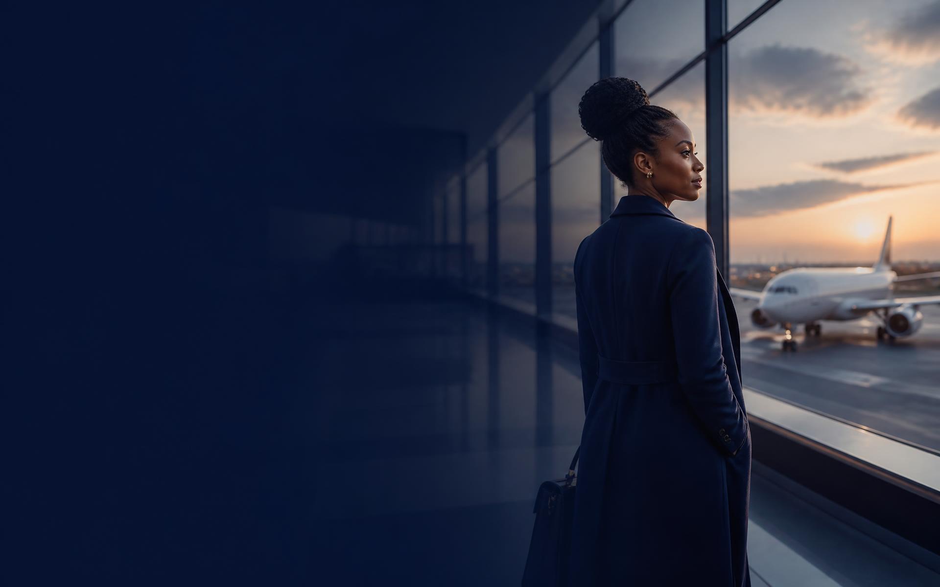 Voyageuse dans un hall d'aéroport au crépuscule