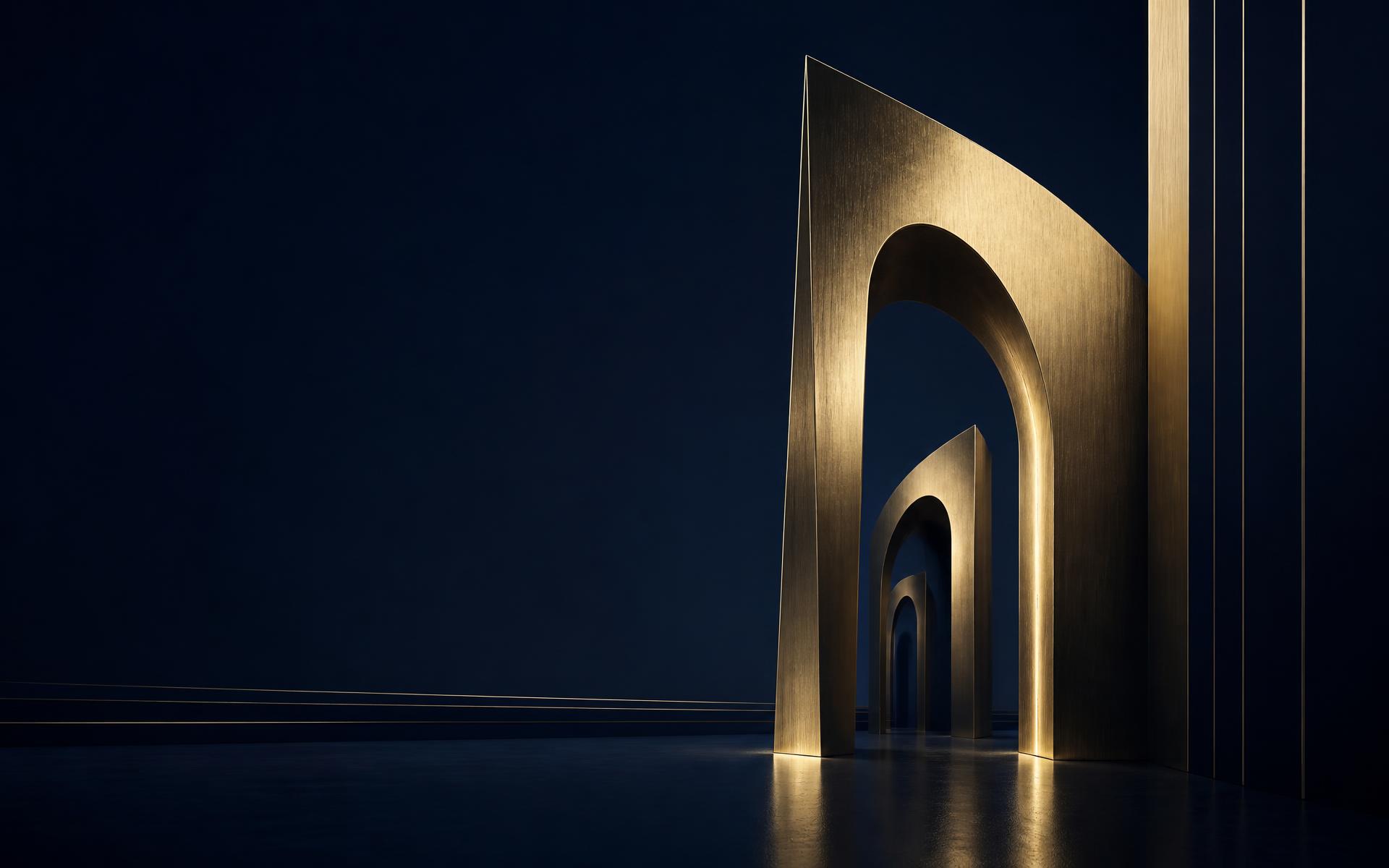 Sculpture architecturale : portail monumental en métal champagne dans un espace navy