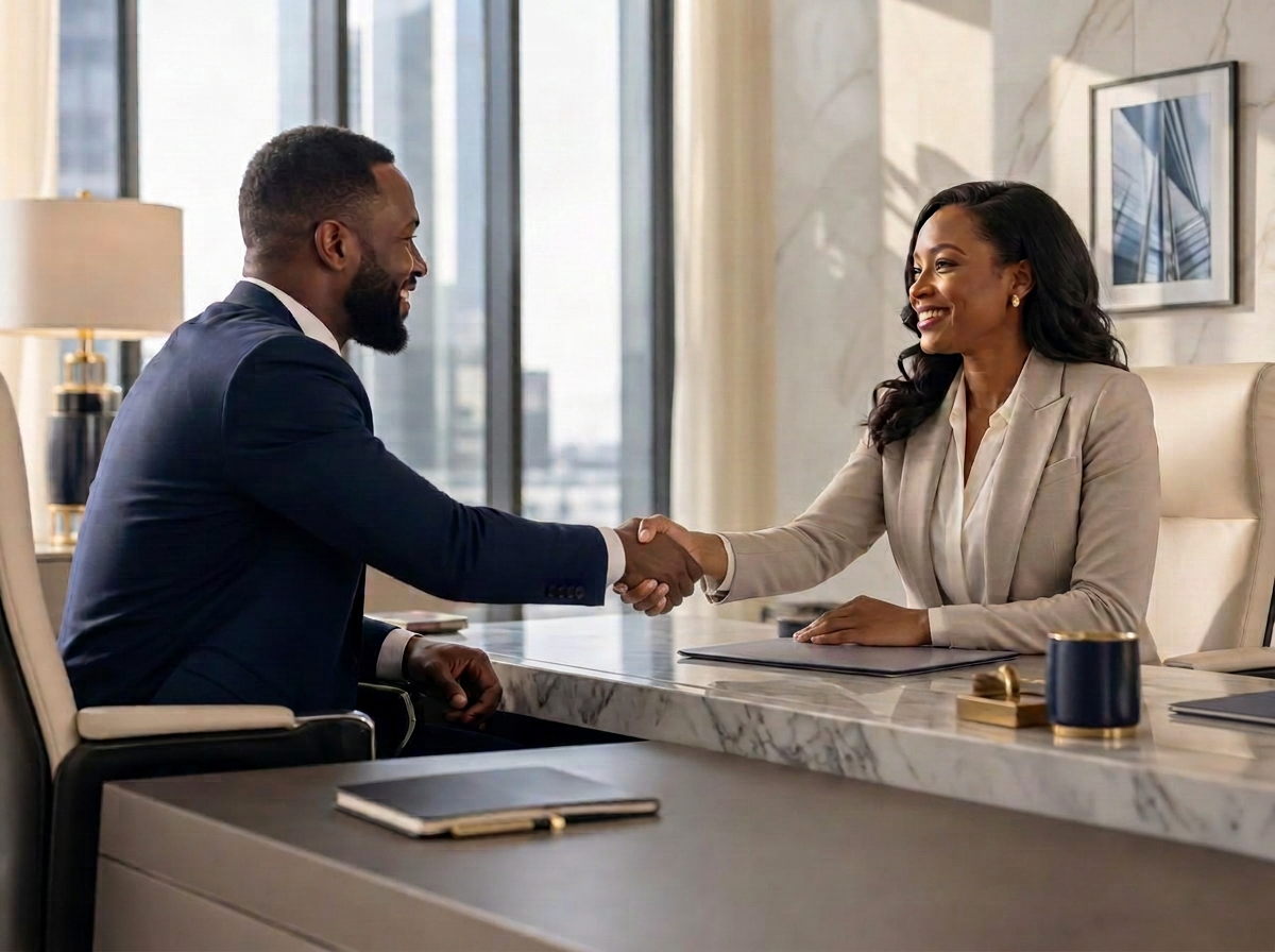 Two professionals shaking hands in a bright, luxurious office
